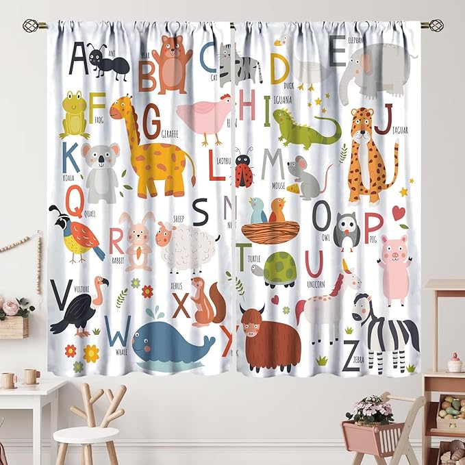 Alphabet Kids Learning Curtains Cartoon Animal Baby Boys Child Educational Curtain with Rod Pocket for Bedroom Nursery Home Decor Drapes Window Treatments 2 Panels Set 52" W X 84" L
