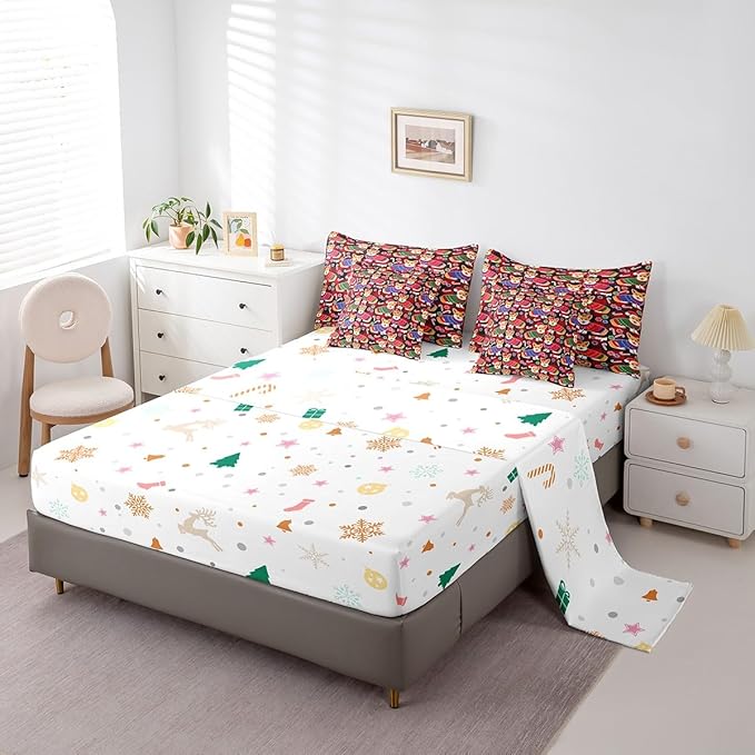 Feelyou Cute Dog Comforter Set with Sheets Cartoon Christmas Bed Set for Kids Boys Girls Merry Christmas Decor Bed in a Bag Red Geometric Lattice Bedding Set Bedroom Collection Queen Size
