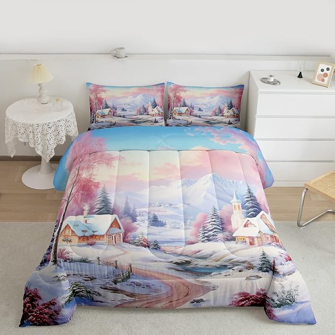 Feelyou Merry Christmas Kids Comforter Set Queen Size Village Barn Bedding Set Winter Snowscape Duvet Quilt for Kids Boys Girls Bedroom Pine Tree Decor Microfiber Ultra Soft Breathable
