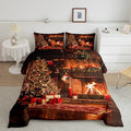 Xmas Theme Comforter Set Queen Size, Vintage Christmas Fireplace Tree Bedding Set for Kids Boys Girls Room Decor, Merry Christmas Duvet Insert 3Pcs, Pine Tree Luxury Quilt Set, 2 Pillowcases