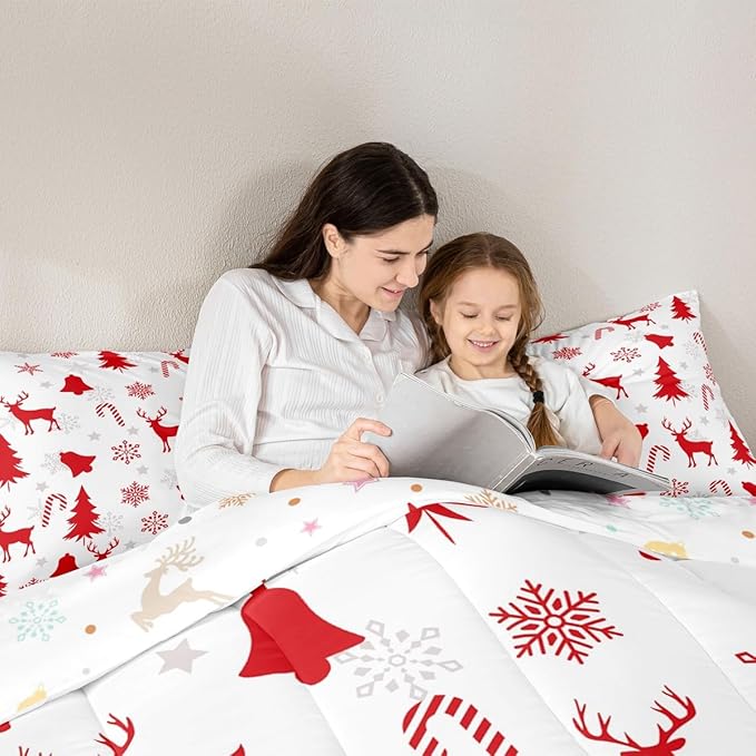 Feelyou Merry Christmas Bedding Set Soft for Boys Girls, Xmas Tree Reindeer Comforter Set Toddler Size Candy Cane Bell Duvet Quilt Microfiber Snowflake Bedroom Decor 2 Pcs with 1 Pillow Cases