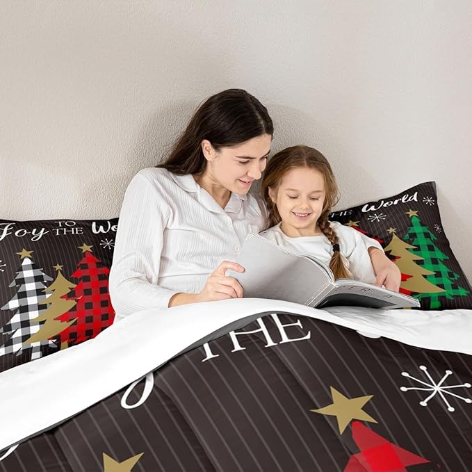 Christmas Kids Comforter Set Twin Size,Plaid Pine Trees Snowflake Bedding,Girls Boys Adults Bedroom/Xmas Cabin Decor,Geometric Lines Stylish Down Comforter,Rustic Colorful Duvet Insert,1 Pillowcase