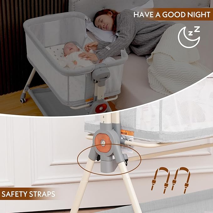 Baby Bassinet,Rocking Bassinet with Waterproof Sheet,3 in 1 Baby Bassinets Bedside Sleeper,6 Height Adjustable Bedside Bassinet for Newborn(Light Grey)