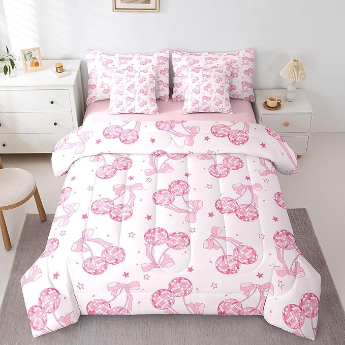 7 Pieces Bowknot Princess Kids Comforter Set Twin,Disco Crystal Ball Western Cowgirl Bedding Set,Starry Sky Bow Tie Romantic Pink Girly（Comforter+Fitted+Flat Sheet+2 Pillowcases+2 Throw Pillow Covers）