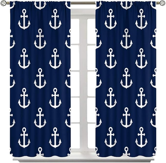 Nautical Costal Curtains,MarineThemed Oceanic Anchor Pattern Blackout Print Home Bedroom Living Room Window Treatments 2 Panel Set 84x84 Inch