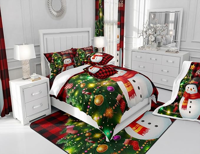 Manfei Christmas Comforter Set King Size, Snowman Christmas Tree Quilt Set with 2 Pillowcases, Red Plaid Grid Print Bedding Set 3pcs for Kids Boys Girls Room Decor