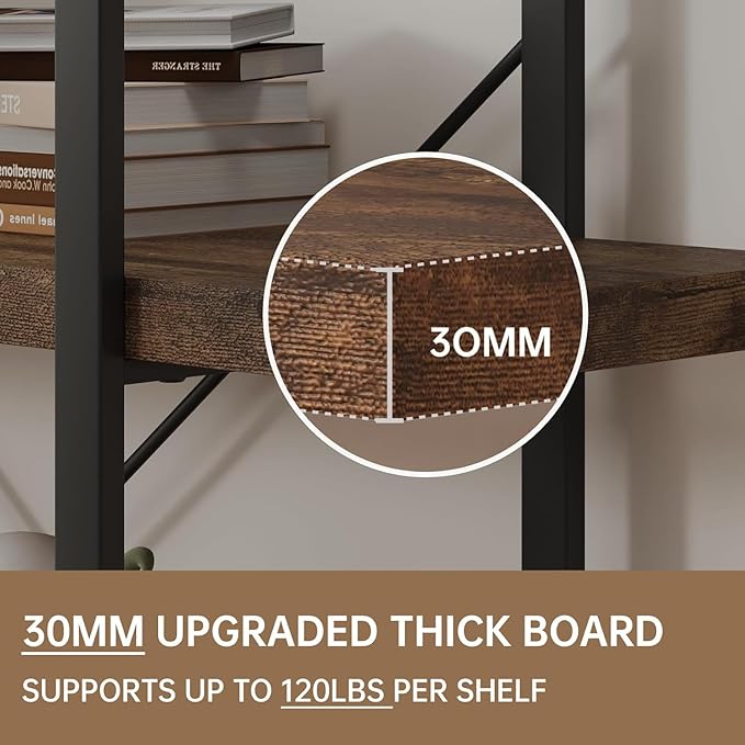 4 Tier Bookcase, 47 Inch Wide Wood Bookshelf, 120lbs Shelf Capacity, Rustic Open Shelving Industrial Display with Reinforced Horizontal Brown Shelves for Living Room Bedroom Office 2 Set