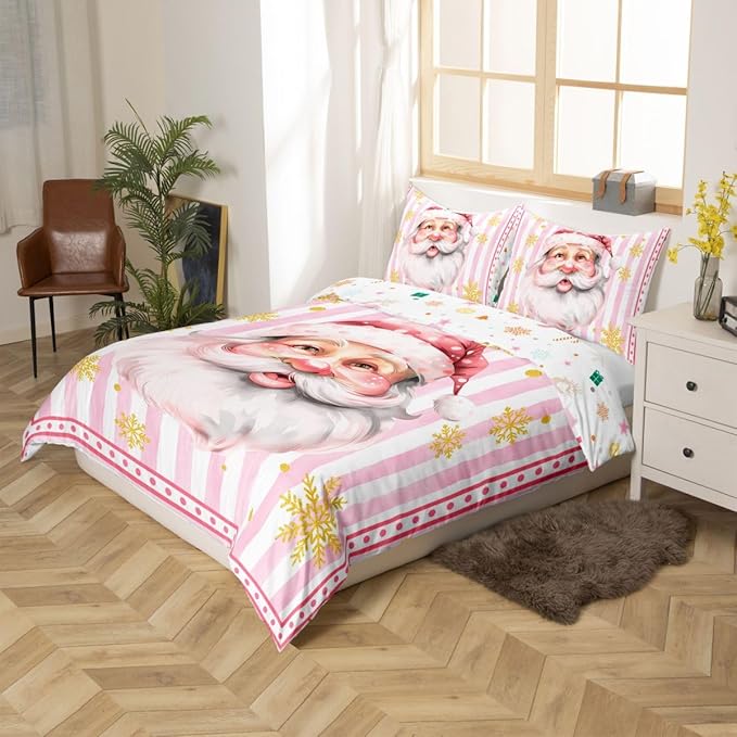 Manfei Cartoon Santa Claus Duvet Cover,New Yrar Decor Golden Snowflake Christmas Theme Bedding Set for Bedroom Decor,Girly Pink Geometric Stripes All Season Bedding (NO Comforter) Queen Size