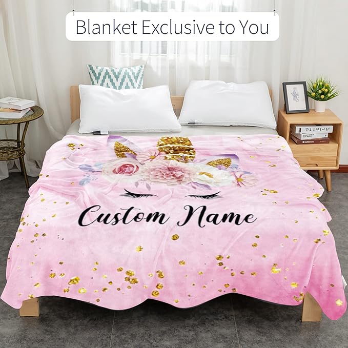 Personalized Unicorn Blanket with Name for Girl, Custom Kids, Soft Flannel Pink Toddler Customized Gift Birthday Christmas Baby Shower Newborn 30'' X 40''