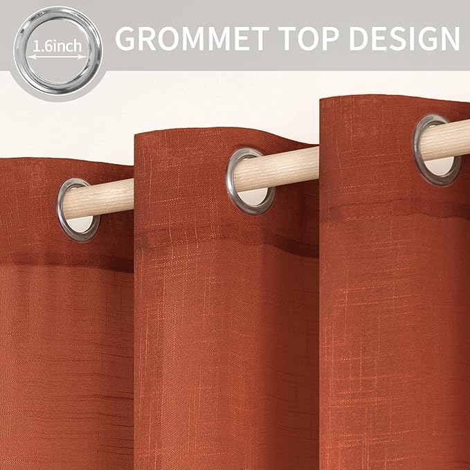 MIULEE Burnt Orange 2 Panels 84 Inch Long Farmhouse Linen Sheer Window Curtains Elegant Terracotta Rust Fall Autumn Drapes Grommet Top Linen Textured Voile for Bedroom Living Room (52 X 96 Inch)