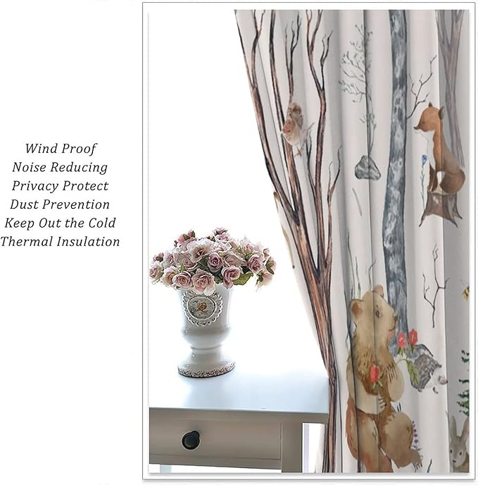 Rustic Forest Window Curtains Curtains, Woodland Animal Bear Deer Hedgehog Fox Forest Squirrel Watercolor Blackout Rod Pocket Window Treatments Drapes for Boys Girls Bedroom 63x63in