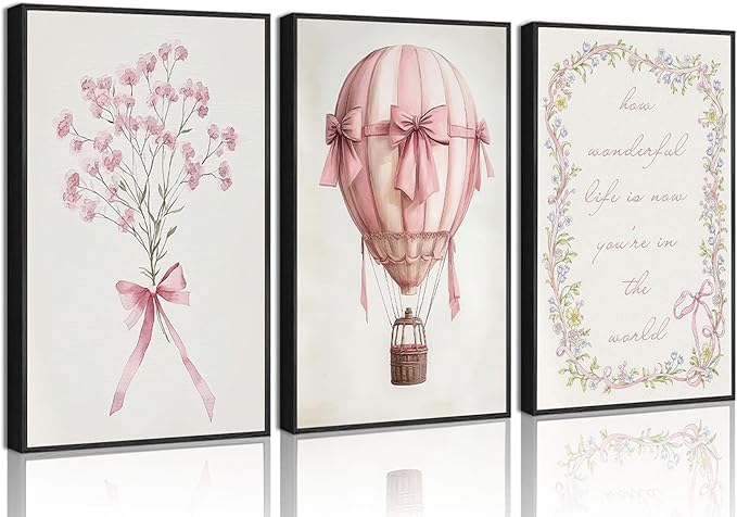 3Pcs Pink Nursery Wall Art Pictures Cute Baby Girls Room Posters Print Neutral Pink Bow Bouquet Hot Air Balloon Pastel Painting Wall Decor for Kids Room Little Girl Bedroom 16x24in Unframed