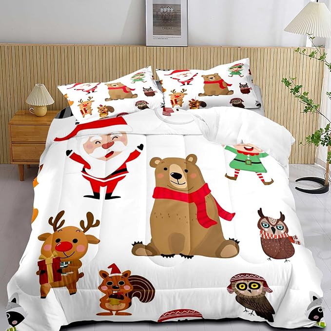 LUVIVIHOME 3PCS Merry Christmas Comforter Set Full Size, Boys Girls Kids Bedding, White Quilt, Funny Cute Cartoon Santa Claus Elf Owl Elk Reindeer Squirrel Xmas Christmas Bedroom Decor, 2 Pillow Shams