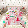 Cartoon Christmas Kids Comforter Set Toddler Size,Kawaii Xmas Cute Deer Bear Animals Bedding Set for Girls,Colorful Santa Claus Snowman Pine Trees Pink Checkered Quilted Set with 1 Pillowcase