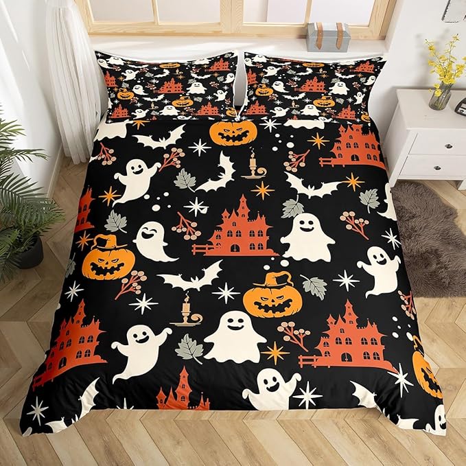 Halloween Bedding Duvet Cover Set Kids Cartoon Jack O Lantern Bedding Set Kids Ghost Pumpkin Lantern Decor Comforter Cover Set Microfiber Bats Castle Bedspread Cover Bedroom Bedclothes Twin Size