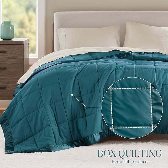Madison Park Windom Down Alternative Blanket, Premium 3M Scotchgard Moisture Wicking Treatment, Lightweight and Soft Bed Cover For All Season, Satin Trim, Teal Full/Queen