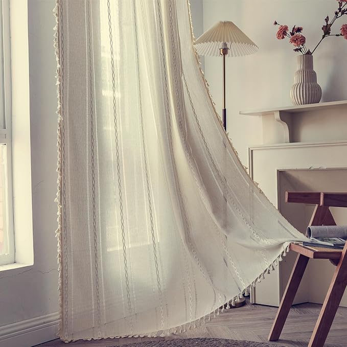 Deeprove Ivory Boho Curtain 63 Inches Length for Kitchen Closet Cafe Decor, Bohemian Hollow Chic Style Tassels, Vintage Farmhouse Country French Window Treatment Drape, Rod Pocket, 1 Panel W52x L63