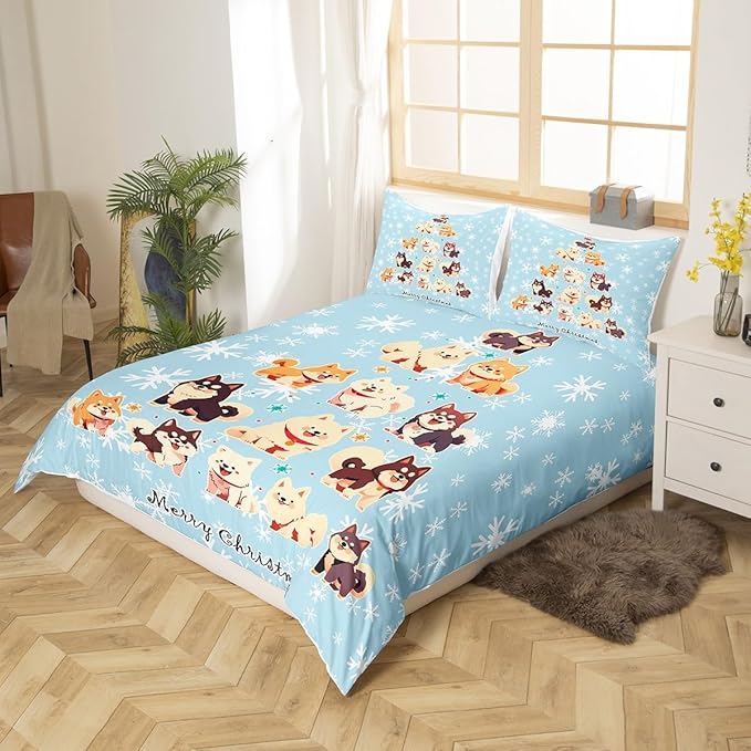 Manfei Xmas Tree Duvet Cover Set Full Size, Cute Christmas Dogs Print Comforter Cover with 2 Pillowcases, New Year White Snowflake Print Bedding Set 3pcs for Kids Boys Girls Bedroom Decor,No Comforter