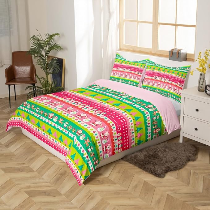 Christmas Bedding Set Cute Fox Santa Claus Polar Bear Comforter Cover for Kids Boys Girls Teens Christmas Tree Duvet Cover Breathable Pink Dots Stripe Bedspread Cover Room Decor Quilt Cover Toddler