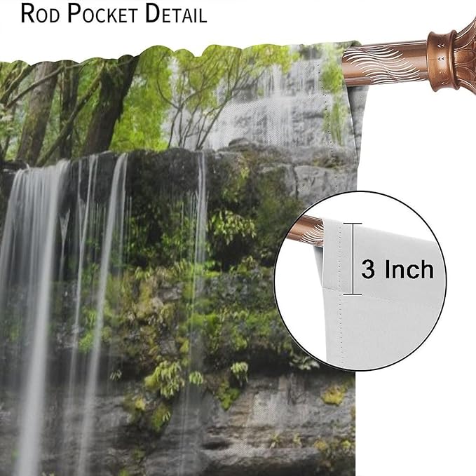 Natural Landscape Waterfall Blackout Curtains, Forest Falls Spring Natural Scenery Green Plant Tree Leaf Rod Pocket Window Drapes, for Bedroom Living Room 63" W X 63" L