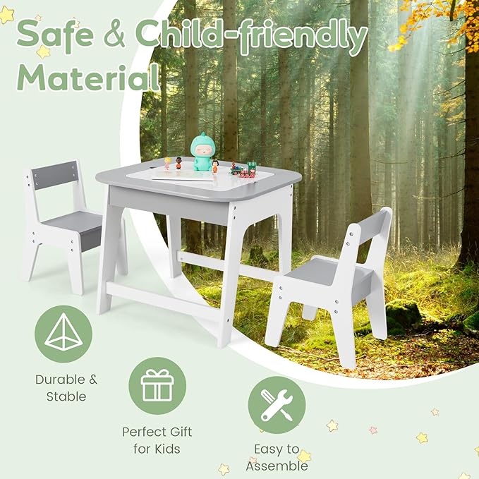 INFANS Kids Table and Chair Set, 3 in 1 Wooden Activity Table with Removable Tabletop, Blackboard and Whiteboard for Toddlers Arts Crafts Drawing Reading Playing, Playroom Nursery (Grey)