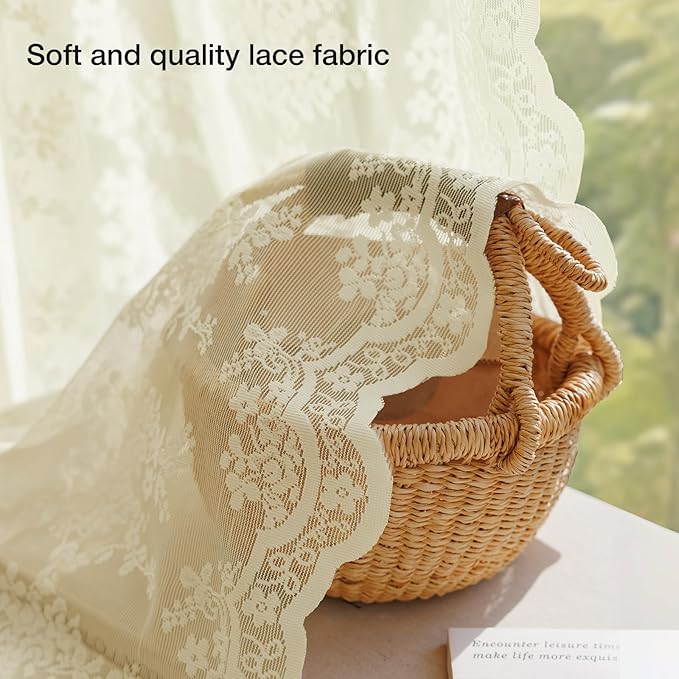 Anmao Vintage Lace Curtains 90 Inches Long 2 Panels Set, Romantic Elegant Light Filtering Semi Sheer Floral Thick Lacy Curtain Drapes for Living Room and Bedroom, Each Panel 55W x 90L, Cream Yellow