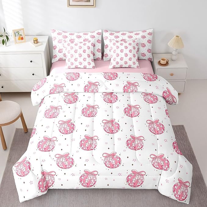 7 Pieces Bow Tie Princess Comforter Set Twin,Western Cowgirl Disco Crystal Ball Dreamy Bedding Set,Star Bowknot Patchwork Romantic Pink（Comforter+Fitted+Flat Sheet+2 Pillowcases+2 Throw Pillow Covers）