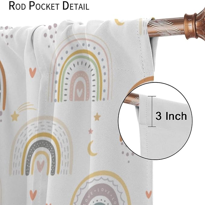 Kids Rainbow Curtains Boho Cartoon Colorful Stars Love Heart Lovely Abstract Art Pattern Print Window Drapes for Girl Bedroom Living Room Kitchen Decor,2 Panel Set,52Wx84H Inch Blackout
