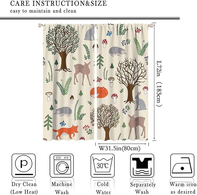 Kids Forest Animal Curtains, Rustic Cute Wild Animal Fox Deer Hedgehog Window Treatments Farmhouse Woodland Window Drapes for Girls Boys Nursery Toddler Bedroom 63x72in