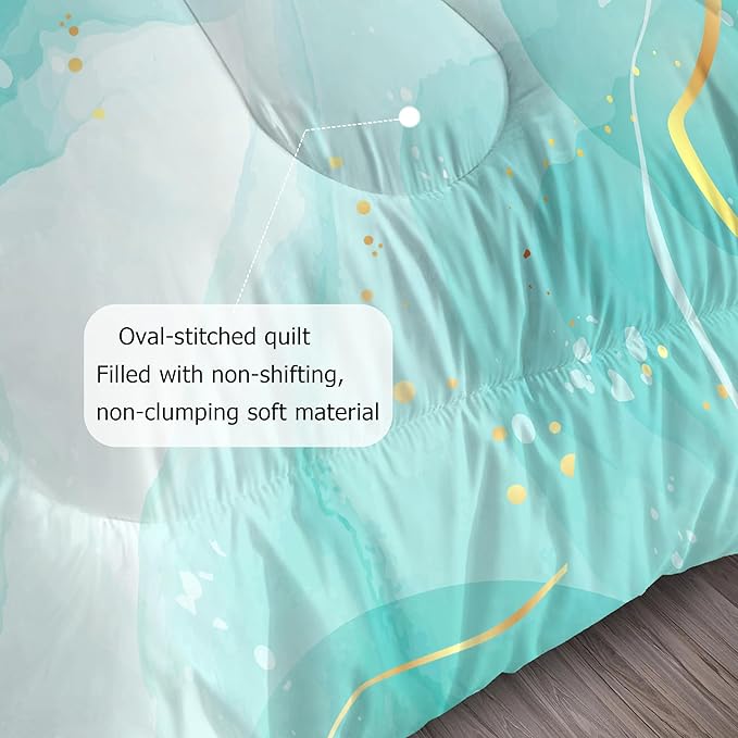 Teal Comforter Set Queen: Blue Green Marble Bedding Sets for Women Girls Boys Bedroom Luxury Cyan Blue Quilt Abstract Gold Bed Set 1 Comforter & 2 Pillowcases