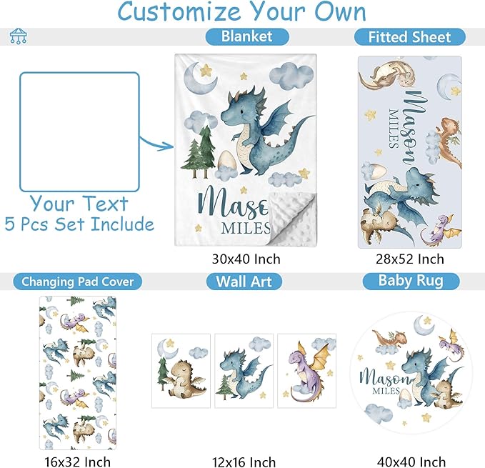 Custom Baby Crib Bedding Set, 5 Pcs Personalized Name Baby Crib Set for Boys, Dinosaur Nursery Bedding Sets, Double Layer Flannel Blanket, Newborn Infant Toddler & New Parents Customized Gifts