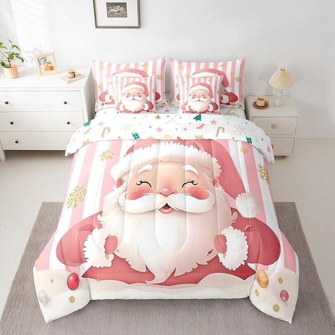 Feelyou Merry Christmas Decorations Queen Size Bed Set Santa Claus Bed in a Bag Pink Bedding Set Soft Warm Lightweight Comforter Set with Sheets