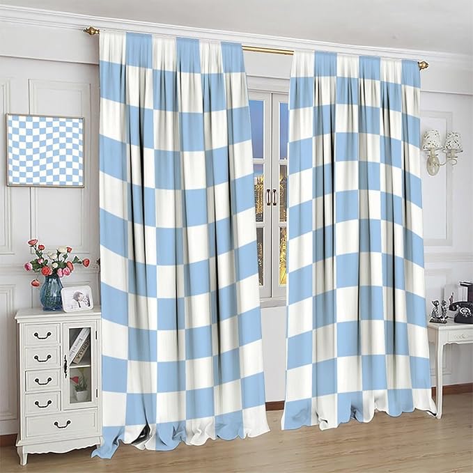 Blue Checkered Curtains,70s Vintage Twisted Checkered Window Drapes Colorful Groovy Trendy Wavy Hippie Grid Print Window Treatments for Kids Girls Bedroom Living Room 63" W X 63" L