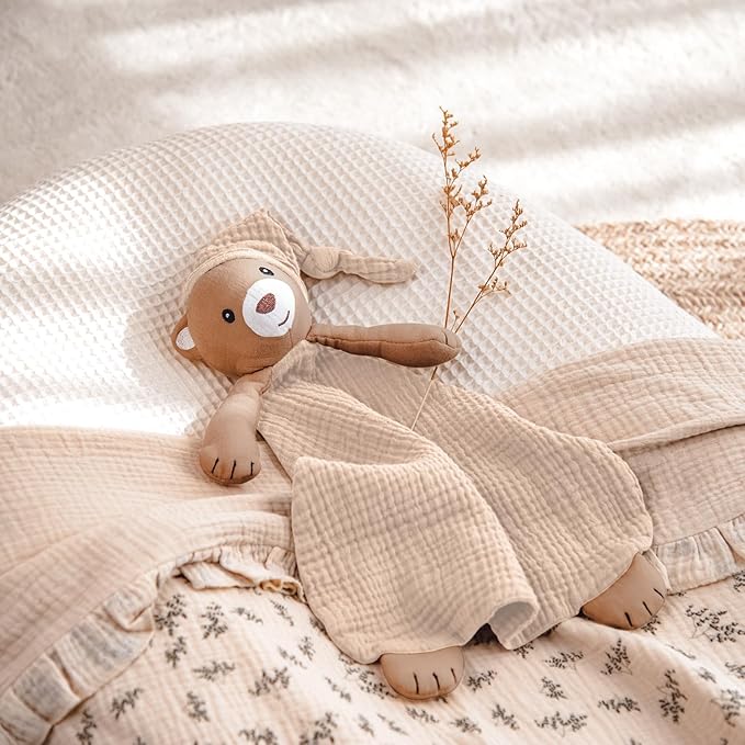 lulumoon Muslin Bear Lovey for Babies: Skin-Friendly Security Blanket for Self-Soothe - Newborn Gift for Baby Shower