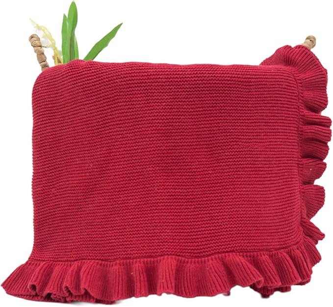 Cotton Baby Blanket with Ruffle Edge Soft Breathable Newborn Blanket for Boys & Girls, Lightweight Knit Throw for Crib, Stroller & Nursery Multiple Colors Available Red 30x40