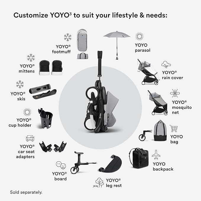 Stokke YOYO3 Stroller from 6 Months - Includes White Frame, Stone Seat Cushion & Stone Canopy - Folds in & Out in a Flash - Light & Compact - Carry-On Compatible