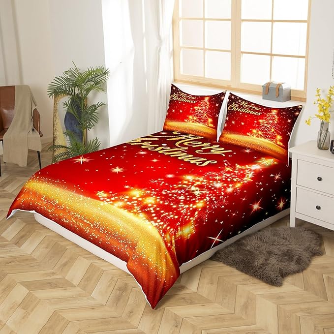 Christmas Tree Duvet Cover Set Queen Size Gold Sparkle Comforter Cover Merry Christmas Bedding Set 3pcs for Kids Boys Girls Western New Year Theme Bedspread Cover with 2 Pillowcases,No Comforter