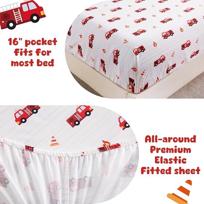 LONAVA Twin Kids Comforter Set - 4 Pieces Twin Bedding Sets for Boys Girls Children, Ultra Soft Microfiber Bed in A Bag with Flat Fitted Sheets, Fire Truck