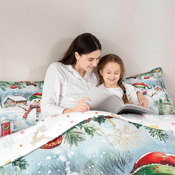 Castle Fairy Merry Christmas Comforter Set Twin Size,Watercolor Cute Snowman Pine Trees Bedding Set for Kids Boys Men,Xmas Cartoon Decor Natural Quilted Duvet Set with 1 Pillowcase