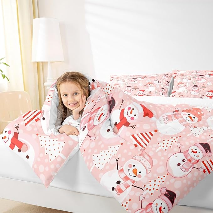 Manfei Christmas Comforter Set Twin Size, Snowman and Xmas Trees Down Comforter with 1 Pillowcase, New Year Pink Bedding Set 2pcs for Kids Girls Adults Bedroom Decor Lightweight Duvet Insert