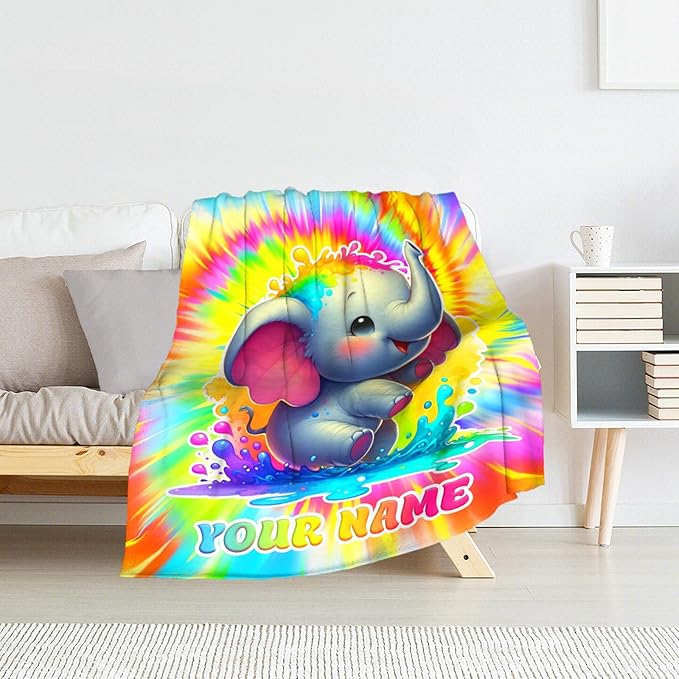 Elephant Blanket for Girls - Personalized 30" x 40" Inches Animal Throw for Kids, Toddler - Color Soft Fuzzy Blankets for Sofa, Couch