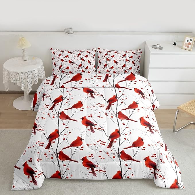 Feelyou Berries and Cardinals Pattern Comforter Set All Season Red Cardinal Bedding Set with 2 Pillow Cases Christmas Kids Full Bedclothes Bird Print Decor Animal Decor Duvet Quilt Soft Lightweight