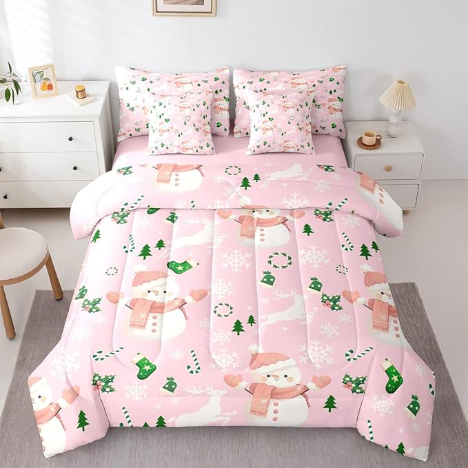 Feelyou Pink Christmas Comforter Set Queen Size 7 Pieces Cartoon Deer Snowman Bedding Set for Kids Boys Girls New Year Pink Bed in a Bag Reversible Xmas Decor Bedroom Quilted Breathable Soft