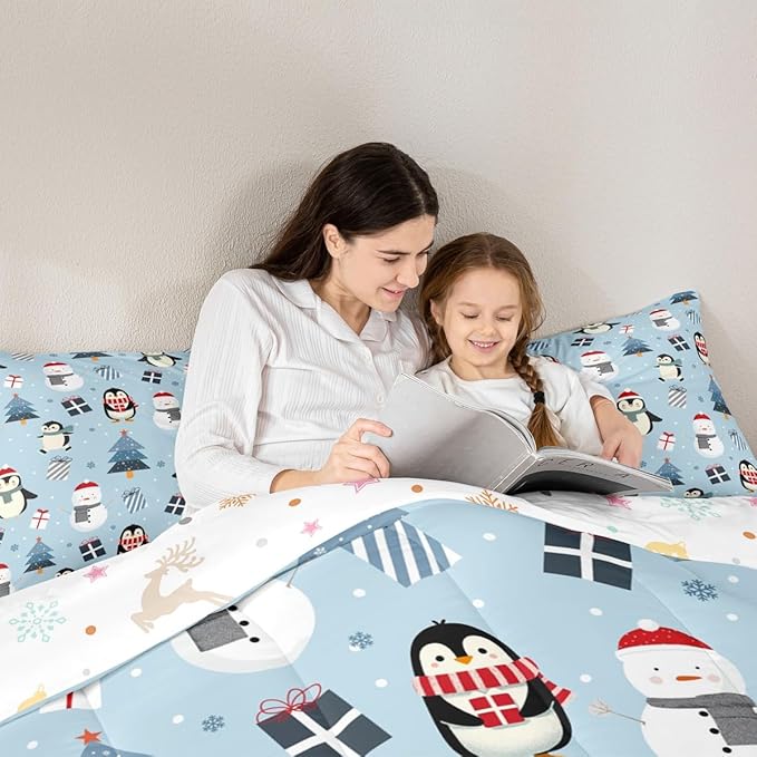 Feelyou Merry Christmas Bedding Set Soft for Boys Girls, Penguin Comforter Set Twin Size Xmas Tree Snowman Duvet Quilt Microfiber Gift Snowflake Bedroom Decor 2 Pcs with 1 Pillow Cases
