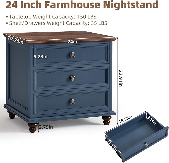Farmhouse Dresser and Nightstand Sets, Wooden 7 Drawers Dresser & 24" Night Stand with 3 Drawers, 2 Piece Bedroom Furniture Set, Chest of Drawers for Bedroom, Home, Living Room, Hallway