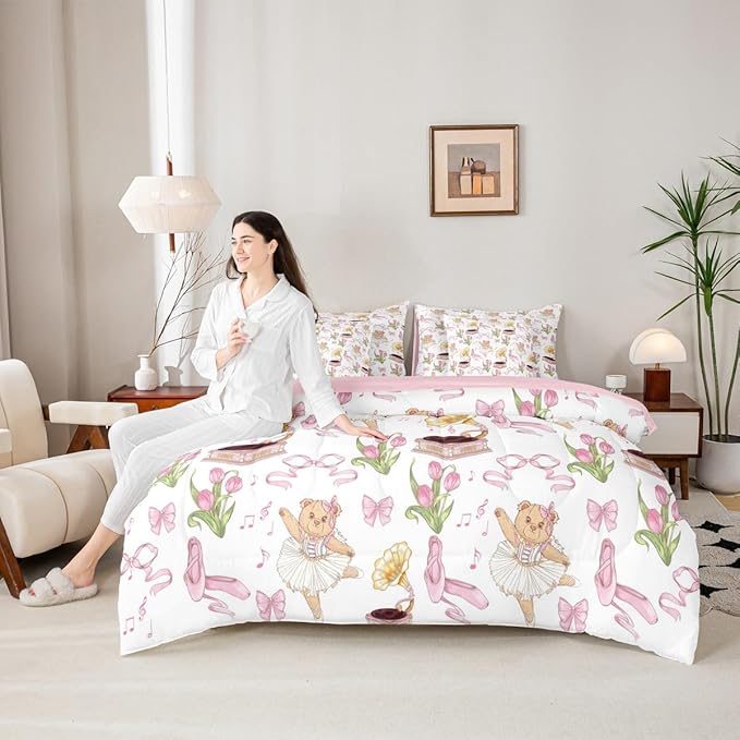 Pink Bowknot Princess Comforter Queen Size,Ballet Shoes Bear Dancer Cartoon 7 Pcs Bedding Set,Tulip Flower Music Note Record Decor,Bow Tie Romantic （Fitted+Sheet+2 Pillowcases+2 Throw Pillow Covers）