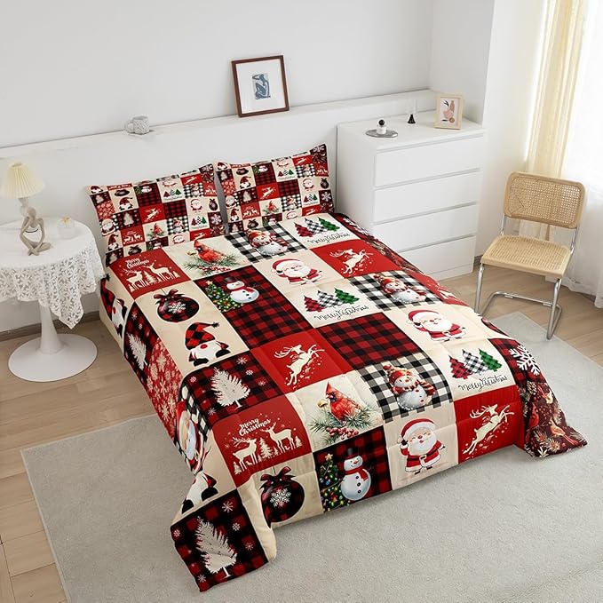 Christmas Comforter Set King Size,Red Plaid Holiday Design Bedding Set 3pcs,Snowman Santa Claus New Year Patchwork Down Comforter for All Season, Kids Boys Girls Room Decor,2 Pillowcases,No Sheets