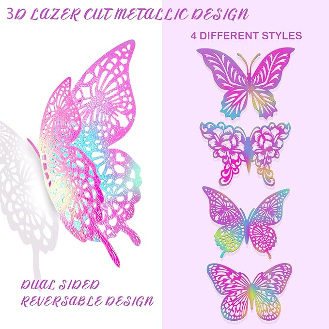 3D Butterfly Wall Decor 3 Sizes 4 Styles Butterfly Party Decorations Cake Decorations Removable Stickers Wall Decor Room Mural Metallic Kids (Laser Pink Purple, 96Pcs)
