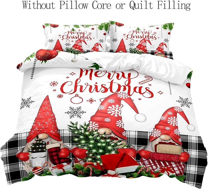 LUVIVIHOME 3PCS Christmas Gnome Duvet Cover King, Christmas Bedding, White Duvet Cover, Holiday New Year Xmas Santa Swedish Tomte Snowflake Red Black Buffalo Plaid Comforter Quilt Cover 2 Pillow Shams