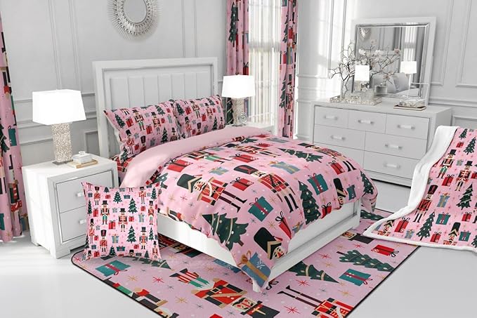 Feelyou Nutcracker Comforter Set All Season Merry Christmas Tree Bedding Set with 2 Pillow Cases Snowflake Kids King Bedclothes Soldier Print Decor Duvet Quilt Soft Lightweight